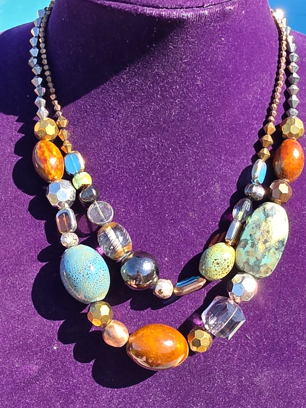 Chico's Heavy Double Strand Statement Necklace | Glass & Metal Mixed Beads
